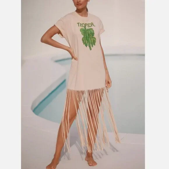 Farm Rio x Anthropologie Short-Sleeve Maxi Dress Fringe T-shirt Bananas L NWT - Picture 1 of 6